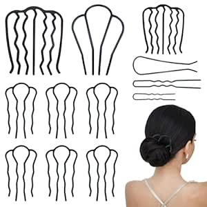 12 Pieces Hair Side Combs Metal Hair Fork Clip French Twist Comb Updo Hair Stick, U-Shape Teeth Styling Tools Messy Bun Maker Vintage Hairstyle Hair Pins Hair Accessories for Women and Girls