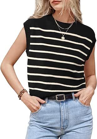Arach&Cloz Womens Spring Summer 2024 Sweater Vest Cap Sleeve Crew Neck Striped Fashion Casual Sleeveless Cropped Tops Clothes